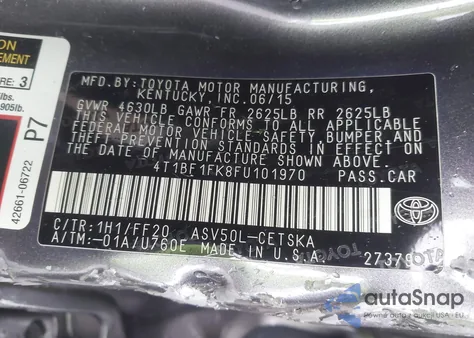 2015 Toyota Camry Se z USA, uszkodzony, nr VIN 4T1BF1FK8FU101970